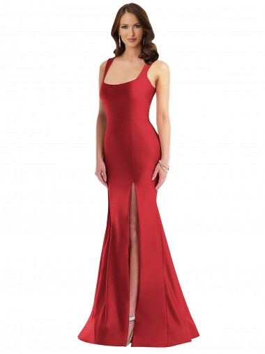 Online Square Neck Formal Silky Satin Mermaid Bridesmaid Dress / Prom Dress with Side Slit