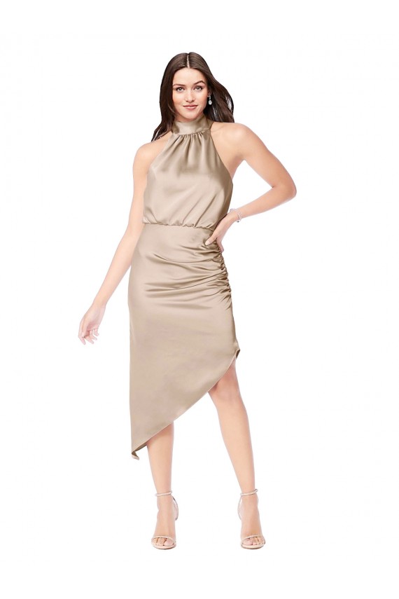 Silky Satin High Low Midi Cocktail Length Bridesmaid Dress / Prom Dress with Asymmetric Skirt