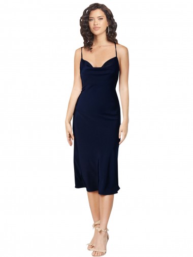 Online Short Cocktail Midi Length Formal Silky Satin Bridesmaid Dress / Prom Dress with Cowl Neck and Cross Back Straps