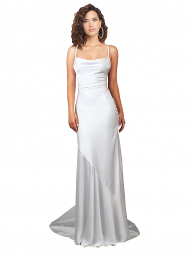 Online Simple Lace Up Back Cowl Neck Long Sweep Train Silky Satin Beach Wedding Dress