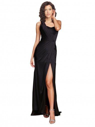 Online Full Length One Shoulder Ruffled Long Formal Silky Satin Bridesmaid Dress / Prom Dress with High Slit