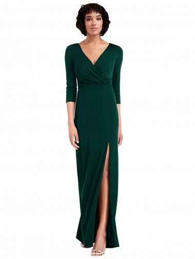 Online Floor Length 3/4 Sleeves V-Back Draped Wrap Formal Maxi Spandex Bridesmaid Dress / Prom Dress