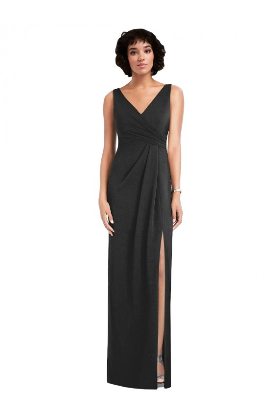 Draped Wrap Formal Maxi Spandex Bridesmaid Dress / Prom Dress with Front Slit
