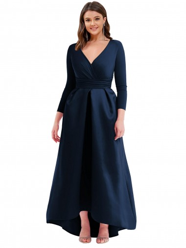 Online Long Sleeves Wrapped Formal Spandex Bridesmaid Dress / Prom Dress with High Low Full Skirt and Pockets