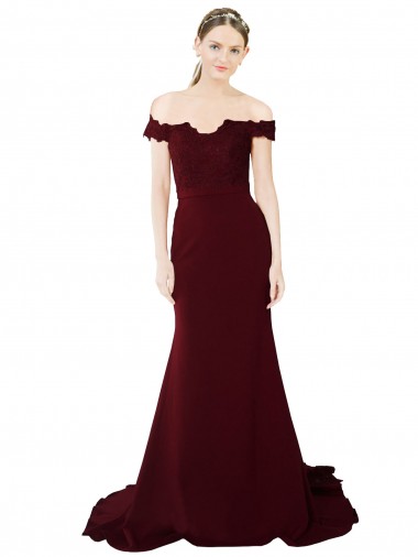 Online Full Length Off the Shoulder Formal Crepe Bridesmaid Dress / Prom Dress with Lace On Bodice and Back
