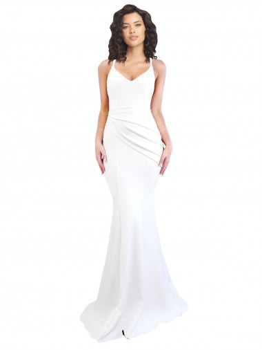 Online Fishtail Shape Spaghetti Straps Open Back Formal Crepe Bridesmaid Dress / Prom Dress with Ruffles