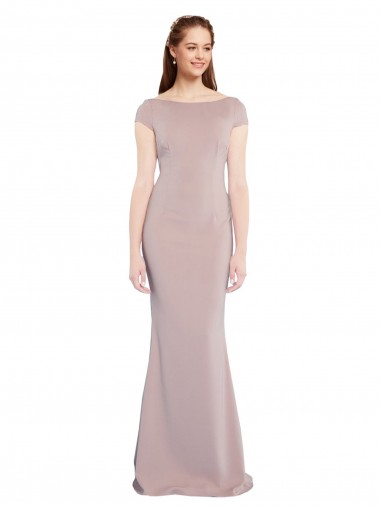 Online Boat Neck Cap Sleeve Formal Crepe Bridesmaid Dress / Prom Dress with Plunging Tie Back