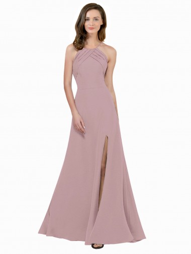 Online High Neck Crepe Bridesmaid Dress / Prom Dress with Pleats and Keyhole Back