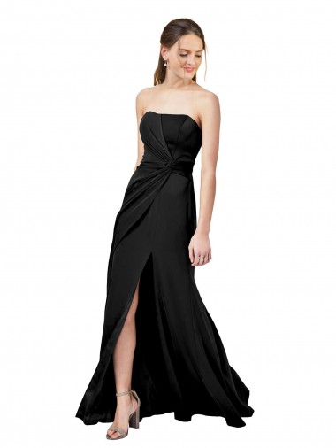 Online Strapless Fit and Flare Long Formal Crepe Bridesmaid Dress / Prom Dress with Knot and Slit