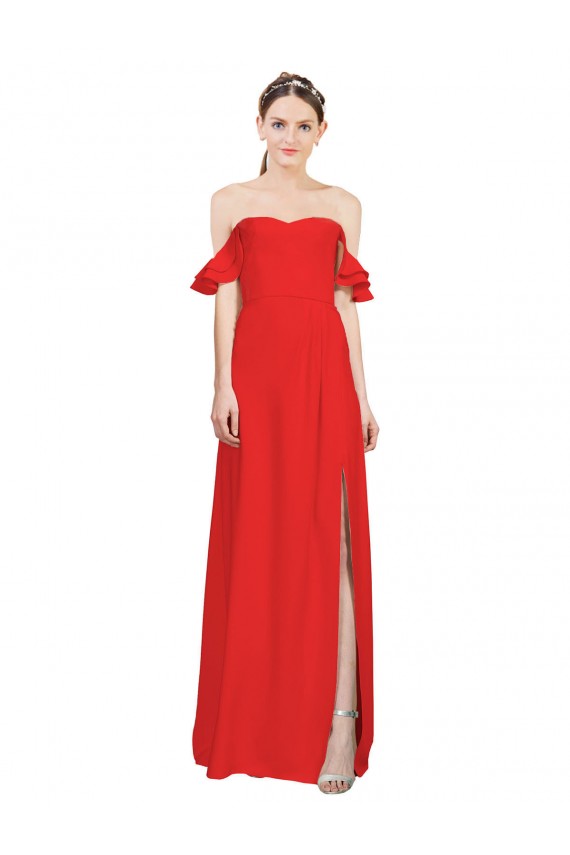 Double Ruffle Flounce Sleeves Formal Crepe Bridesmaid Dress / Prom Dress with Slit