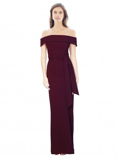 Online Off the Shoulder Long Formal Crepe Bridesmaid Dress / Prom Dress with Waist Tie