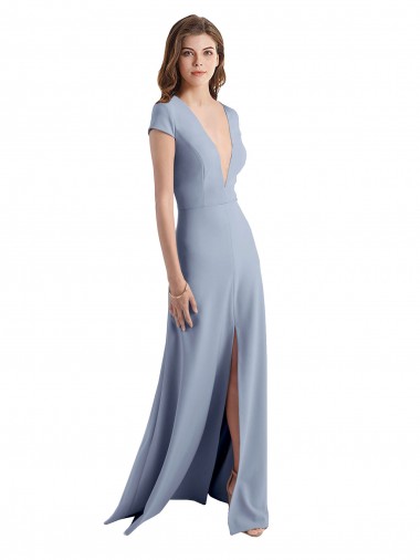 Online Plunging V-Neck Cap Sleeves Stretch Crepe Bridesmaid Dress / Prom Dress with Front Slit