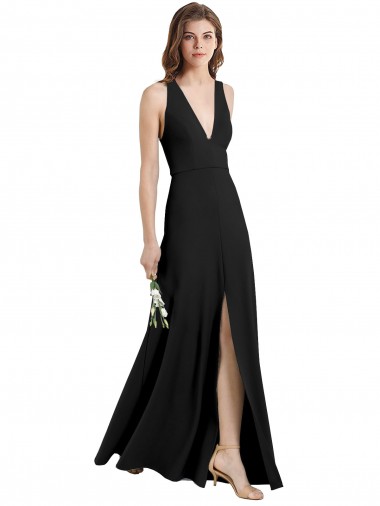 Online Sleek Halter V-Neck Long A-Line Stretch Formal Crepe Bridesmaid Dress / Prom Dress with Front Slit