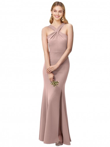 Online Long Floor Length High Neck Fit and Flare Stretch Crepe Bridesmaid Dress / Prom Dress with Side Slit