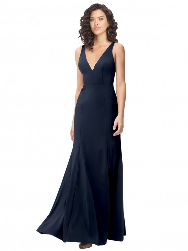 Online Classic V-Neck Long Stretch Formal Crepe Bridesmaid Dress / Prom Dress with V-Back