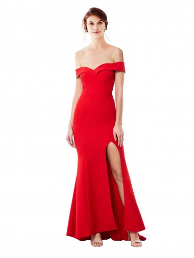 Online Off the Shoulder Sweetheart Maxi Formal Crepe Bridesmaid Dress / Prom Dress With Thigh Split and Train