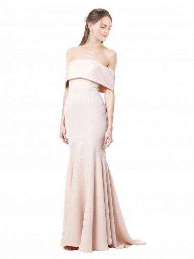Online Mermaid Bardot Maxi Formal Crepe Bridesmiad Dress with Fishtail Train