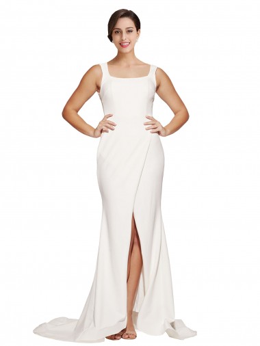 Online Square Neck Long Sheath Sweep Train Crepe Bridesmaid Dress / Prom Dress 