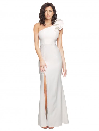 Online One Shoulder Long Full Length Formal Crepe Bridesmaid Dress / Prom Dress with Ruffles and Side Split