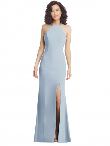 Online High Neck Halter Formal Crepe Bridesmaid Dress / Prom Dress with Twist Criss Cross Back