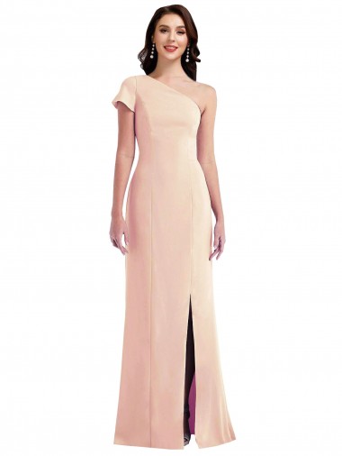 Online One Shoulder Cap Sleeves Trumpet Formal Crepe Bridesmaid Dress / Prom Dress with Front Slit
