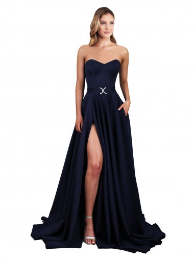 Online Sweetheart Neckline Low Back Long Formal Crepe Bridesmaid Dress / Prom Dress with Pockets & High Leg Spit