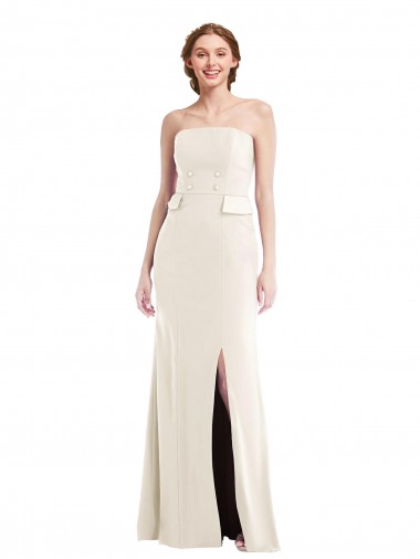 Online Long Strapless Tuxedo Maxi Bridesmaid Dress / Prom Dress with Front Slit & Pockets