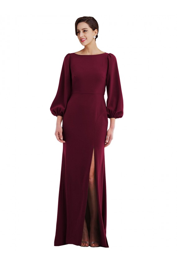 Bishop Sleeve Open Back Trumpet Formal Crepe Bridesmaid Dress / Prom Dress with Scarf Tie