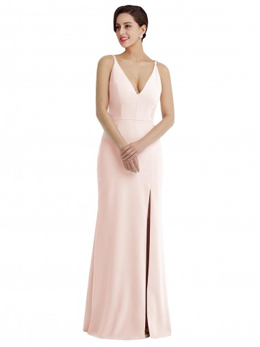 Online Skinny Strap Deep V-Neck Trumpet Formal Crepe Bridesmaid Dress / Prom Dress with Front Slit