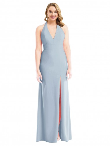 Online Plunge Neck Halter Backless Trumpet Bridesmaid Dress / Prom Dress with Front Slit