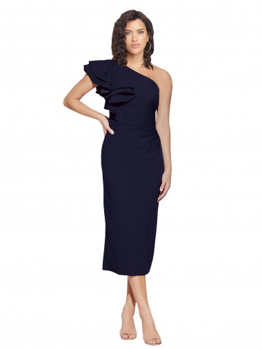 Online Ruched Midi Length Short Cocktail Formal Crepe Bridesmaid Dress / Prom Dress with Shoulder Ruffles