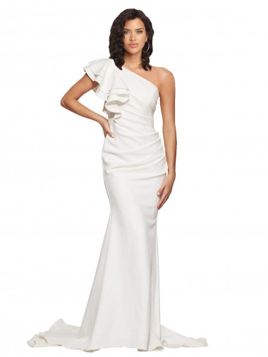 Online Ruched Long Sweep Train Crepe Bridesmaid Dress / Prom Dress with Shoulder Ruffles