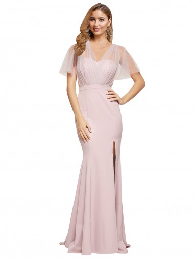 Online Crepe Long Sweetheart Neckline Formal Bridesmaid Dress / Prom Dress with Tulle Overlay Shoulders