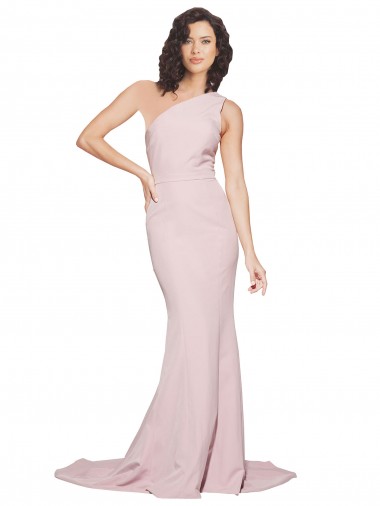 Online Long Sweep Train One Shoulder Crepe Bridesmaid Dress / Prom Dress with Side Leg Split