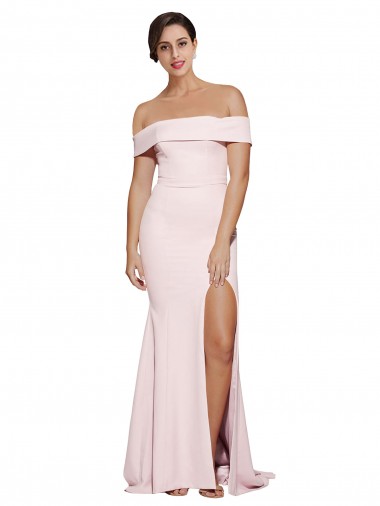 Online Off Shoulder Long Formal Crepe Bridesmaid Dress / Prom Dress with Straight Neckline and Side Split