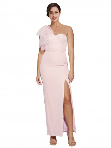 Online One Shoulder Tulle Overlay Sweetheart Neckline Long Formal Crepe Bridesmaid Drss with Thigh Split