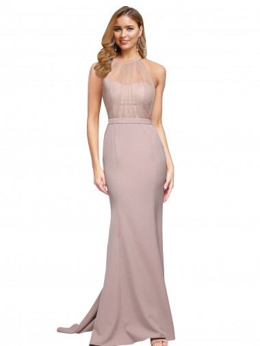 Online Long Sweetheart Formal Crepe Bridesmaid Dress / Prom Dress with High Neck Illusion Tulle Details