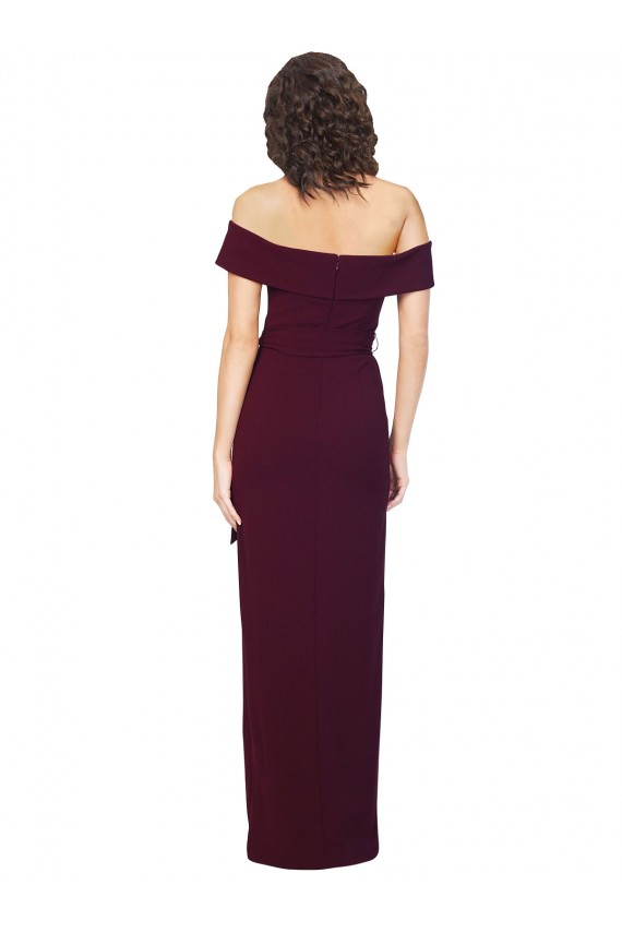 Fitted Full Length Off the Shoulder Formal Crepe Bridesmaid Dress / Prom Dress with Side Split and Waist Tie