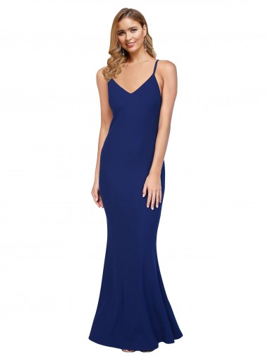 Online Full Length V-Neckline Formal Crepe Bridesmaid Dress / Prom Dress with Thin Straps and Fulted Skirt