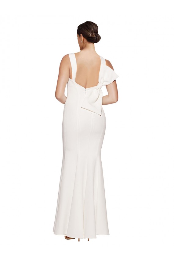 Full Length Square Neck Formal Crepe Bridesmaid Dress / Prom Dress with Asymmetrical Straps and Bow Back