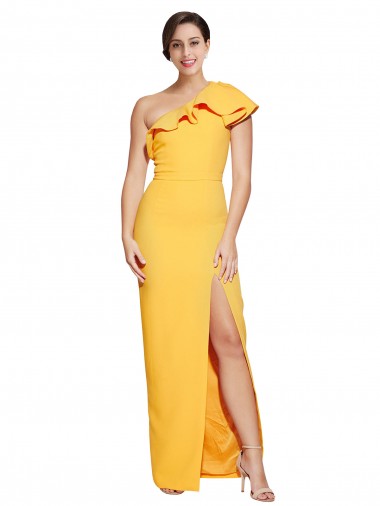 Online One Shoulder Floor Length Formal Crepe Bridesmaid Dress / Prom Dress with Thigh High Split