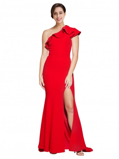 Online One Shoulder Long Sweep Train Crepe Bridesmaid Dress / Prom Dress with Thigh High Split