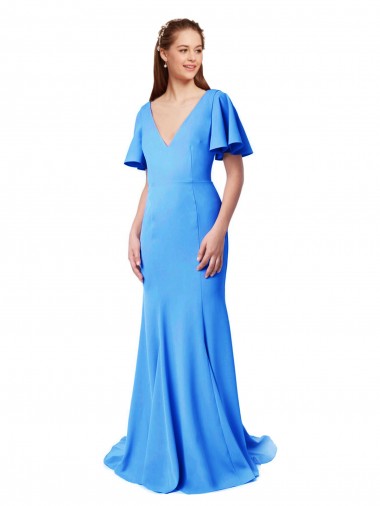 Online Short Sleeves Long V-Neck Crepe Bridesmaid Dress / Prom Dress with V-Back