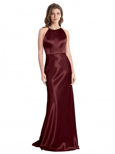 Online High Neck Halter Long Sleeveless Formal Stretch Satin Bridesmaid Dress / Prom Dress with Strappy Back