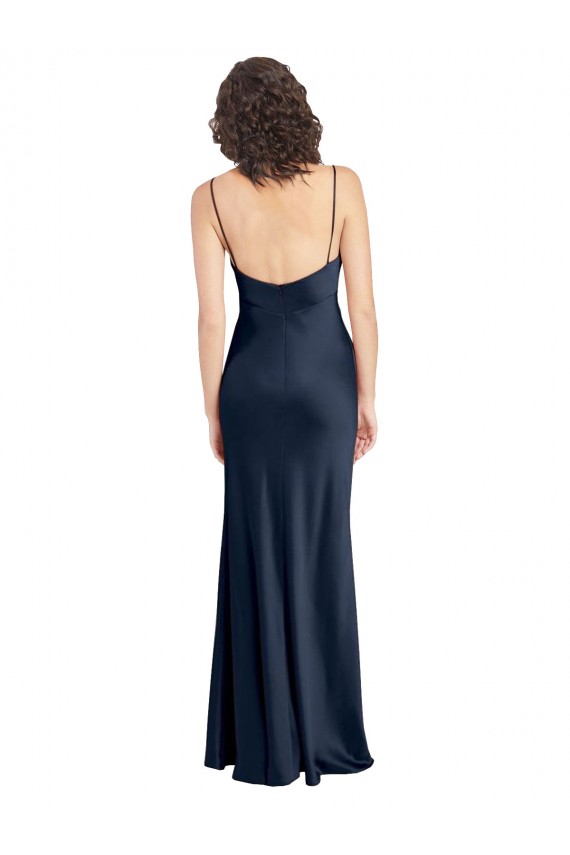 Cowl Neck Long Empire Waist Formal Stretch Satin Bridesmaid Dress with Open Back