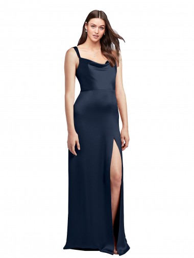 Online Cowl Neck Soft Long Formal Stretch Satin Bridesmaid Dress / Prom Dress with Side Slit and Pleated Straps