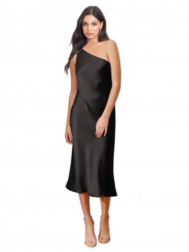 Online Sleek One Shoulder Midi Length Short Cocktail Formal Stretch Satin Slip Bridesmaid Dress / Prom Dress