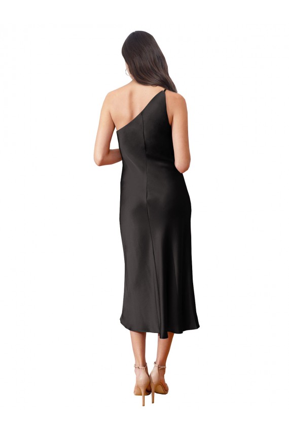 Sleek One Shoulder Midi Length Short Cocktail Formal Stretch Satin Slip Bridesmaid Dress / Prom Dress