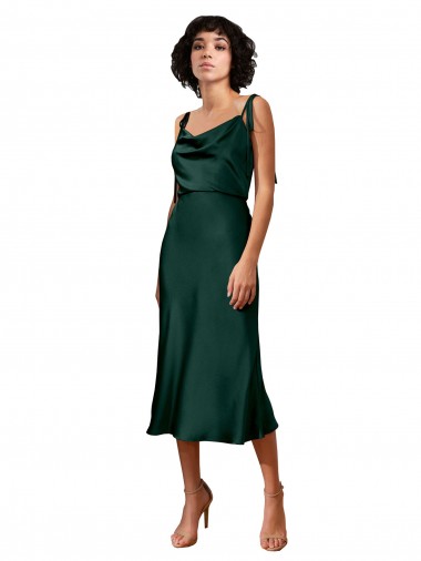 Online Spaghetti Straps Tie Shoulders Cowl Neck Short Midi Length Formal Stretch Satin Cocktail Bridesmaid Dress / Prom Dress