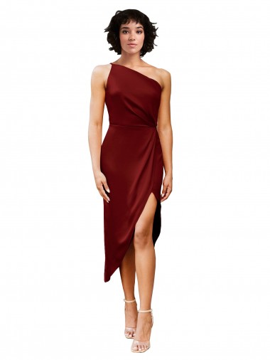 Online One Shoulder Cocktail Midi Length Short Formal Stretch Satin Wrap Style Bridesmaid Dress / Prom Dress